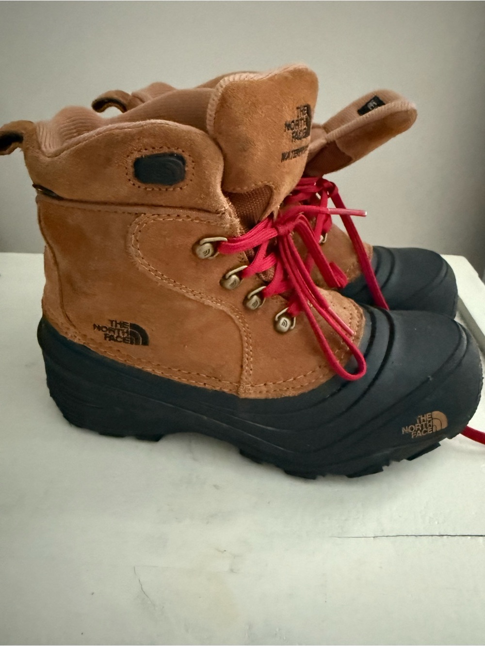 The North Face Tan & Black Waterproof Winter Boots with Red Laces